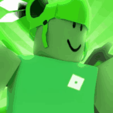 a green roblox character wearing a green helmet and smiling .