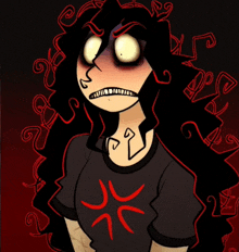 a cartoon drawing of a girl with long black hair and a black shirt with a red circle on it