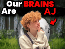 a person with curly hair is standing in front of a sign that says our brains are aj