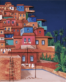 a painting of a row of colorful houses with a blue sky in the background