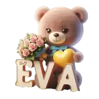 a teddy bear holding a heart and a bouquet of roses next to the name eva