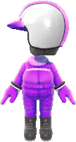 a mario kart character is wearing a purple suit and a white helmet