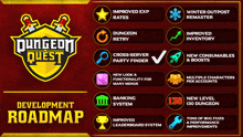 a development roadmap for dungeon quest is shown on a red and gold background