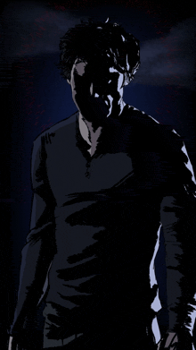 a drawing of a man in a black shirt with a dark background