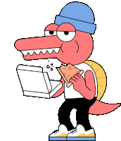 a cartoon drawing of a dinosaur eating pizza