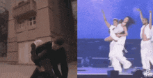 a man is carrying a woman in his arms next to a picture of a group of dancers on stage .
