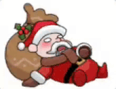 a cartoon of santa claus laying on the ground holding a bag of gifts .