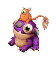 a purple monster has a small orange monster on its back