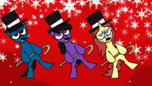 three ponies wearing top hats and walking canes on a red background with snowflakes