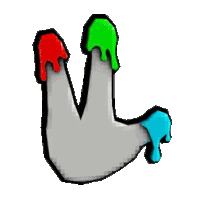 a cartoon drawing of a hand with red green and blue paint dripping off of it .