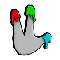 a cartoon drawing of a hand with red green and blue paint dripping off of it .