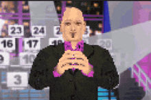 a pixelated image of a man in a suit and a purple tie