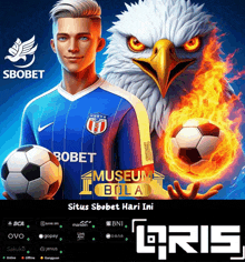 a soccer player is holding a soccer ball with an eagle behind him