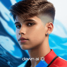 a close up of a young man 's face with the words dawn ai on the bottom right