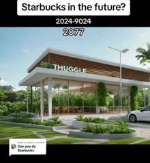 a picture of a starbucks in the future with a car parked in front