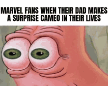 a cartoon of patrick star with a surprise cameo in his eyes