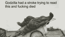 a black and white photo of a monster on a wheelbarrow with the caption godzilla had a stroke