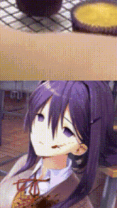 a girl with purple hair is sitting in front of a table with a bowl of soup on it .