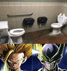 a bathroom with two toilets and a picture of cell