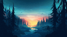 a painting of a river surrounded by trees at night