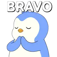 a blue and white penguin with the word bravo written above it