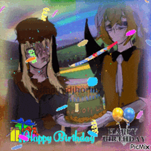 a happy birthday greeting card with two anime characters and a cake