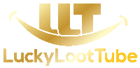 a gold logo for luckyloottube shows a smiling face