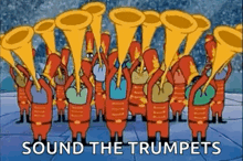 a group of cartoon characters playing trumpets in a band .