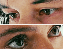 a close up of a man 's and woman 's eyes