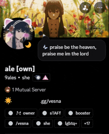 a screenshot of a person 's profile that says praise be the heaven