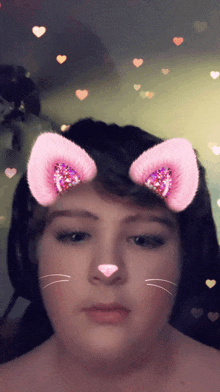 a boy wearing a cat filter with pink ears and nose