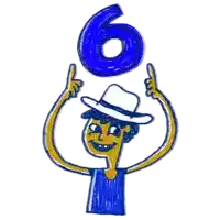 a drawing of a man with a hat holding up a blue number six