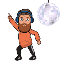 a cartoon of a man with a beard wearing headphones pointing at a disco ball