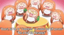a group of anime characters are standing around a cake with the words " be a lv 10 yosuga " on the bottom right