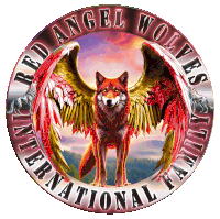 a logo for the red angel wolves international family shows a wolf with wings