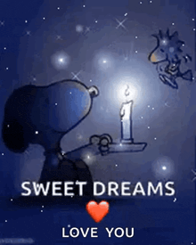 snoopy and woodstock are holding a candle in their hands .