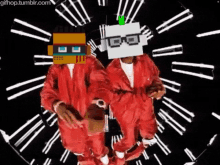 two men in red jumpsuits are dancing in front of a clock with roman numerals .