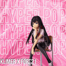 a picture of a girl sitting on a chair with the words hyper pop written on it