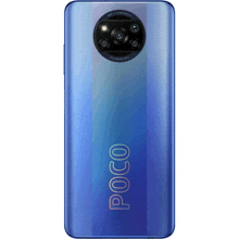 the back of a blue poco phone with a camera on the back