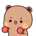 a cartoon teddy bear is wearing red boxing gloves and looking at the camera .
