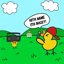 a cartoon of a duck singing into a microphone with a speech bubble that says hith name ith bucky