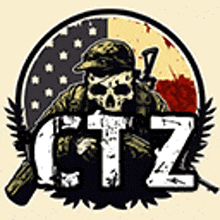 a skull in a military uniform is holding a gun in a circle with an american flag behind it .