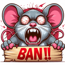 a cartoon rat is holding a wooden sign that says ban