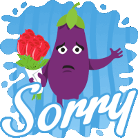 a purple eggplant holding a bouquet of red roses and the word sorry