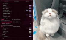 a cat with its eyes closed next to a computer screen that says enemies