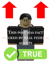 a picture of a roblox character that says " this post was fact checked by real federal agents true "