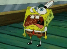 a cartoon character , spongebob squarepants , is standing on a wooden floor with his mouth wide open .