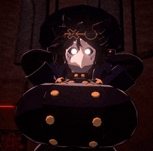 a cartoon character with a huge breast is sitting in a chair