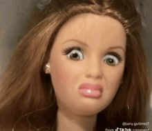 a close up of a barbie doll making a funny face with a tiktok comment