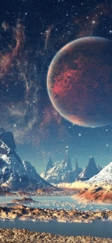 an artist 's impression of a planet with mountains and water